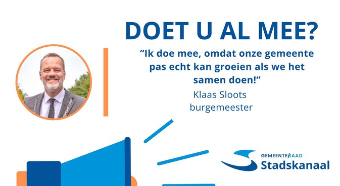 Foto van burgemeester en plaatje met tekst of u al mee doet